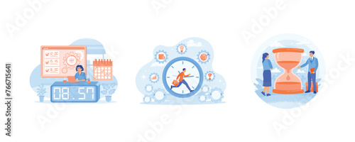People plan and organize work time. Effective time management. Manage time and work in a balanced manner. Time Management concept. Set flat vector illustration.
