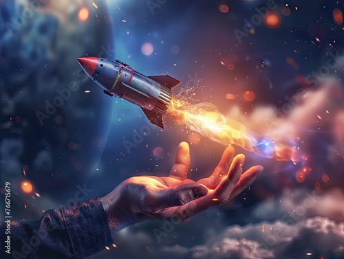 A digital composite image of a hand launching a rocket into the sky, symbolizing inspiration, innovation, and the power of creativity and imagination. digital, composite, sky, space, flight, propul