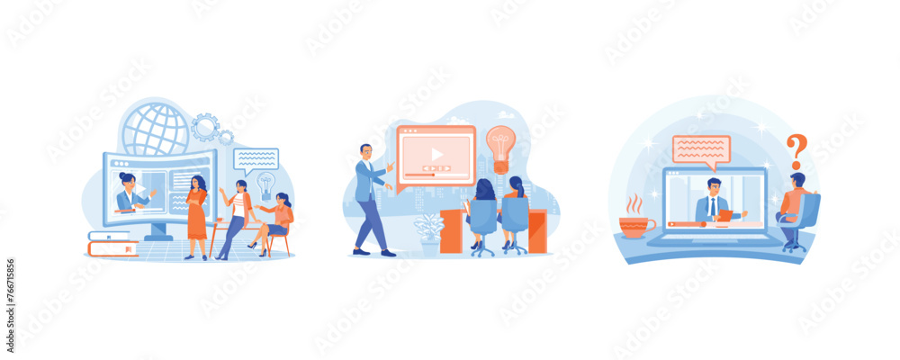 Online learning. CEO holding business presentations with employees. Discuss business strategies during meetings. Business Seminar & Webinar Concept. Set flat vector illustration.