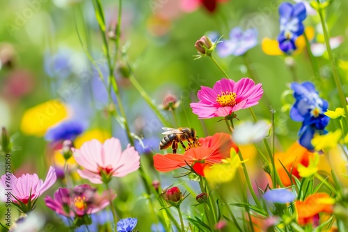 A bee pollinating colorful wildflowers in a meadow.