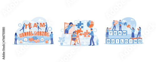 A group of people working together on a business project. Communicate and work together. Productive business teamwork. Team Building concept. Set flat vector illustration.
