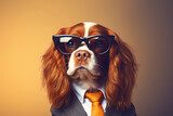 Dog in tie and sunglasses, suit and tie at work. Banner Copy space. Orange background