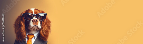 Dog in tie and glasses, suit and tie at work. Banner Copy space. Orange background Banner