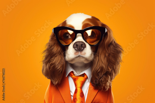 Dog in  tie and glasses, suit and tie at work. Copy space. Orange background © Irina
