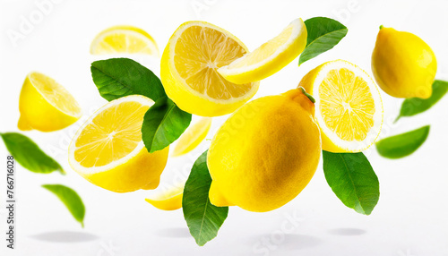 lemons with half slices lemon falling or flying in the air with green leaves isolated on white background. Generative AI.
