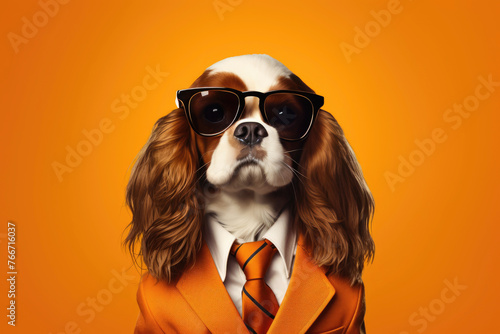 Dog in  bowtie and glasses, suit and tie at work. Banner Copy space. Orange background