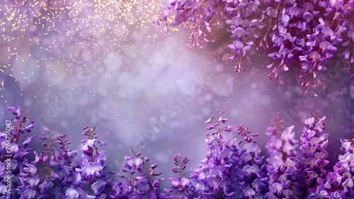 Wisteria flowers with glitter bokeh background. Copy space. 