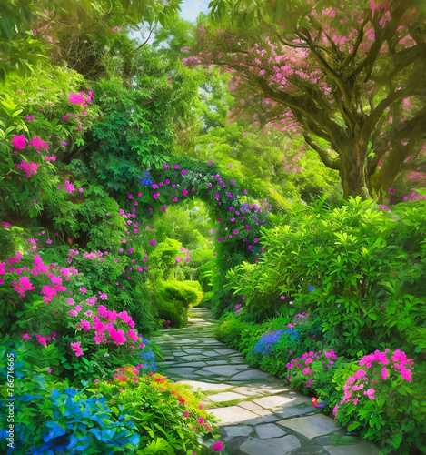 A bright decorative garden with a pathway