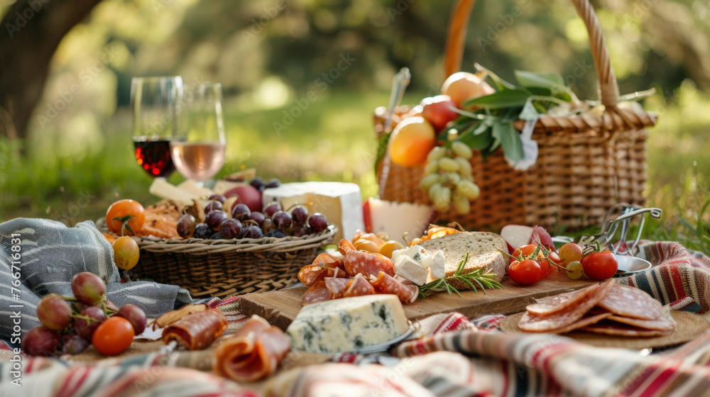 A shot of a picnic blanket with a basket of freshly picked gs and a spread of gourmet cheeses and meats.
