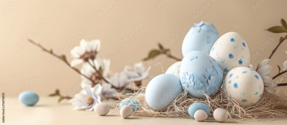 Easter eggs decorated with candy and flowers on a beige background, representing the Happy Easter theme. The display features white and blue eggs alongside a charming candy-filled nest. Easter eggs decorated with candy and flowers on a beige background, representing the Happy Easter theme. The display features white and blue eggs alongside a charming candy-filled nest.