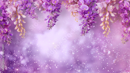 Wisteria flowers with glitter bokeh background. Copy space. 