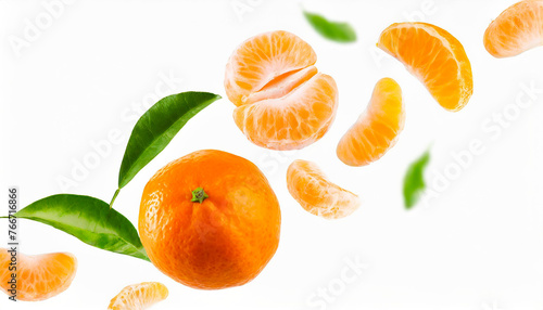 mandarins with half slices tangerine falling or flying in the air with green leaves isolated on white background. Generative AI.