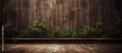 Wooden surface with a rustic planter and backdrop of a wooden wall, creating a natural and warm ambiance