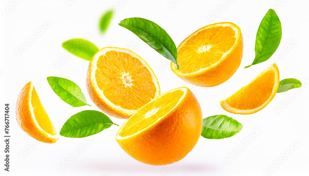 oranges with half slices orange falling or flying in the air with green leaves isolated on white background. Generative AI. oranges with half slices orange falling or flying in the air with green leaves isolated on white background. Generative AI.