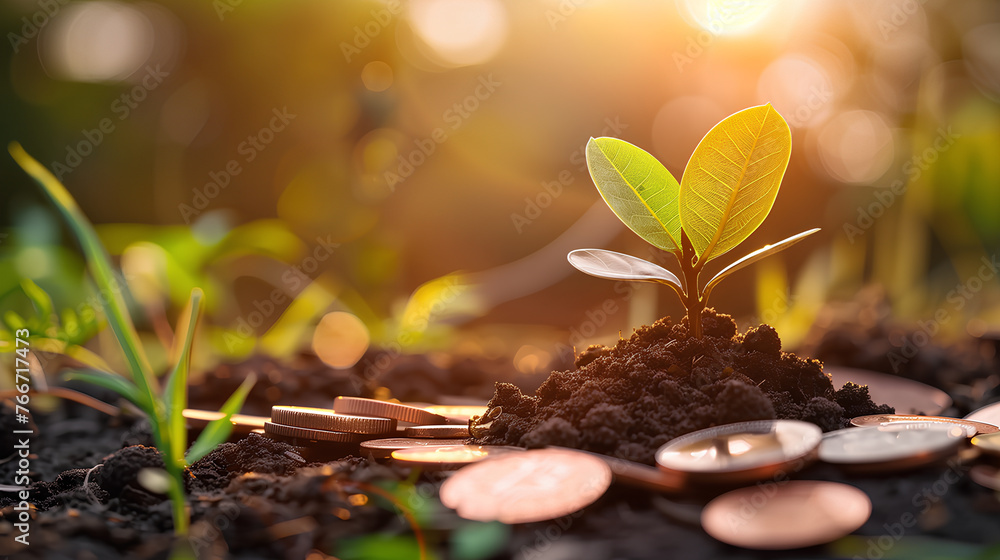 A plant is growing on top of a pile of coins. The coins are arranged in ...