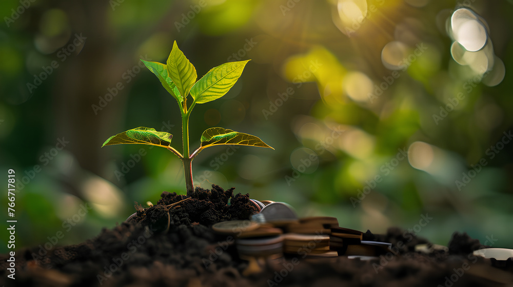 A plant is growing on top of a pile of coins. The coins are arranged in a pyramid shape, with the largest coin at the bottom and the smallest at the top A plant is growing on top of a pile of coins. The coins are arranged in a pyramid shape, with the largest coin at the bottom and the smallest at the top