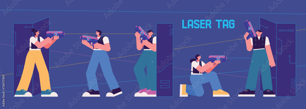 Laser tag indoor survival game. People are playing survival games with laser guns in an indoor game room. flat design style vector illustraiton.