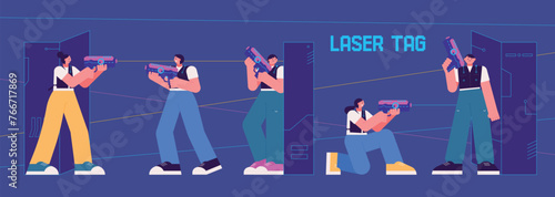 Laser tag indoor survival game. People are playing survival games with laser guns in an indoor game room. flat design style vector illustraiton.