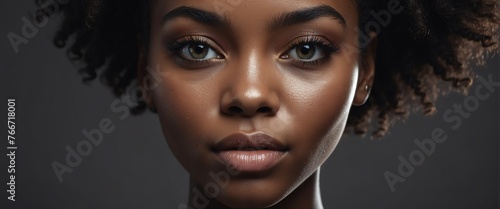 Handsome young black african woman on plain black background close up portrait shot of the face , skin care clean ad concept from Generative AI