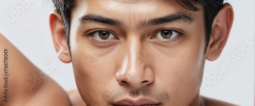 Handsome young filipino man on plain white background close up portrait shot of the face , skin care clean ad concept from Generative AI