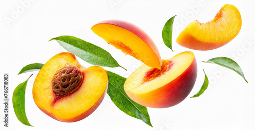 peach with half slices peaches falling or flying in the air with green leaves isolated on white background. Generative AI.