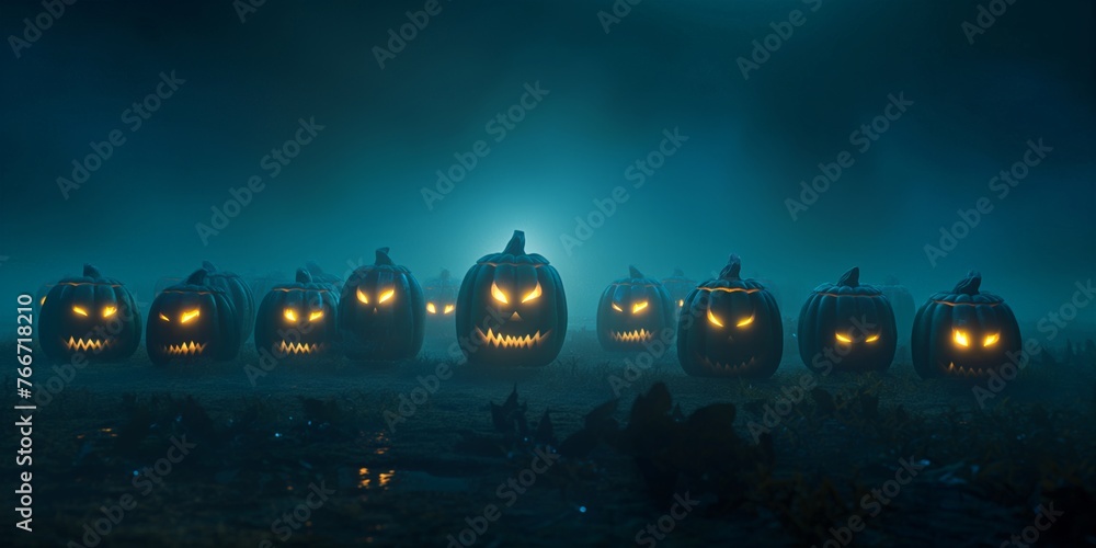 A row of simple, glowing jack-o'-lantern faces, each with a different expression, lined up along the bottom of the banner, casting soft light upwards into a clear, dark space for messaging. 