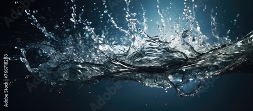 Captured in this image is a dramatic close-up of water splashing vigorously on the calm surface of a body of water