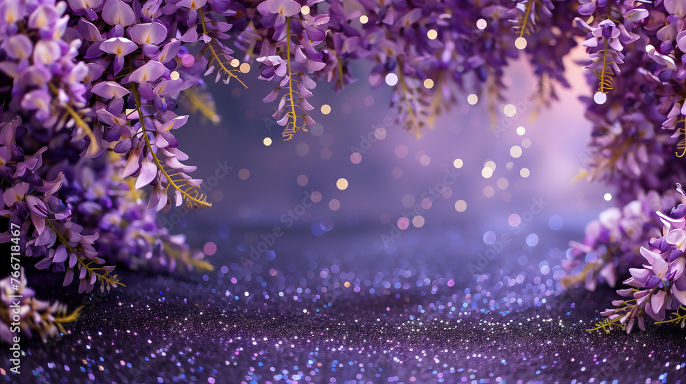 Fototapeta premium Wisteria flowers with glitter bokeh background. Copy space.
