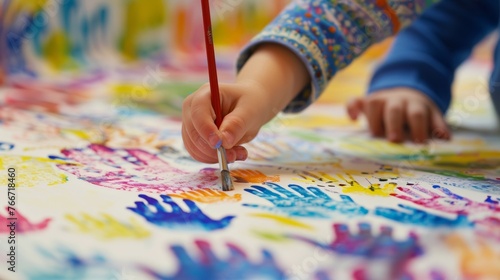 A child is using a paintbrush to carefully outline their handprint on a large piece of paper. They are adding in details and patterns to make their handprint stand out in
