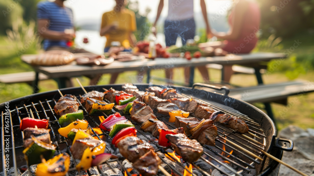 A diverse group of individuals standing around a grill, preparing and cooking various foods outdoors. A diverse group of individuals standing around a grill, preparing and cooking various foods outdoors.