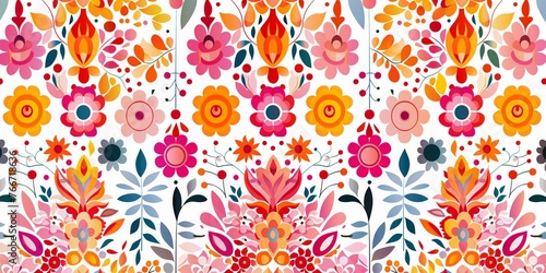 Vibrant floral pattern with a symmetrical design  featuring a variety of colorful flowers.