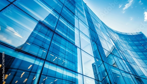 Blue sky reflecting on a curved glass skyscraper