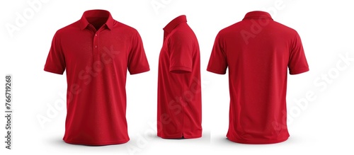 Mock up template of a blank collared shirt, presented in front and back views and isolated on a white background, along with a plain red t-shirt mockup for displaying polo tee designs for printing.