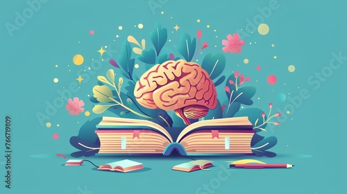 A book with a brain on top. Concept of intelligence and knowledge