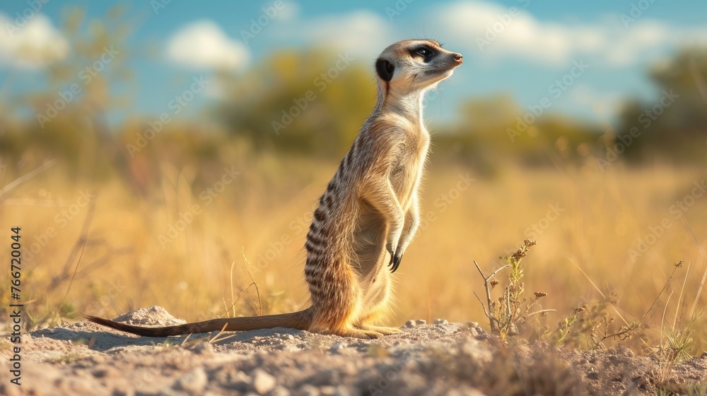 A curious meerkat is standing on its hind legs, scanning the horizon for any signs of danger or food, deep color, Blind box toys, AI Generative - obrazy, fototapety, plakaty 