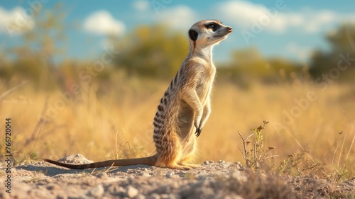 A curious meerkat is standing on its hind legs, scanning the horizon for any signs of danger or food, deep color, Blind box toys, AI Generative photo