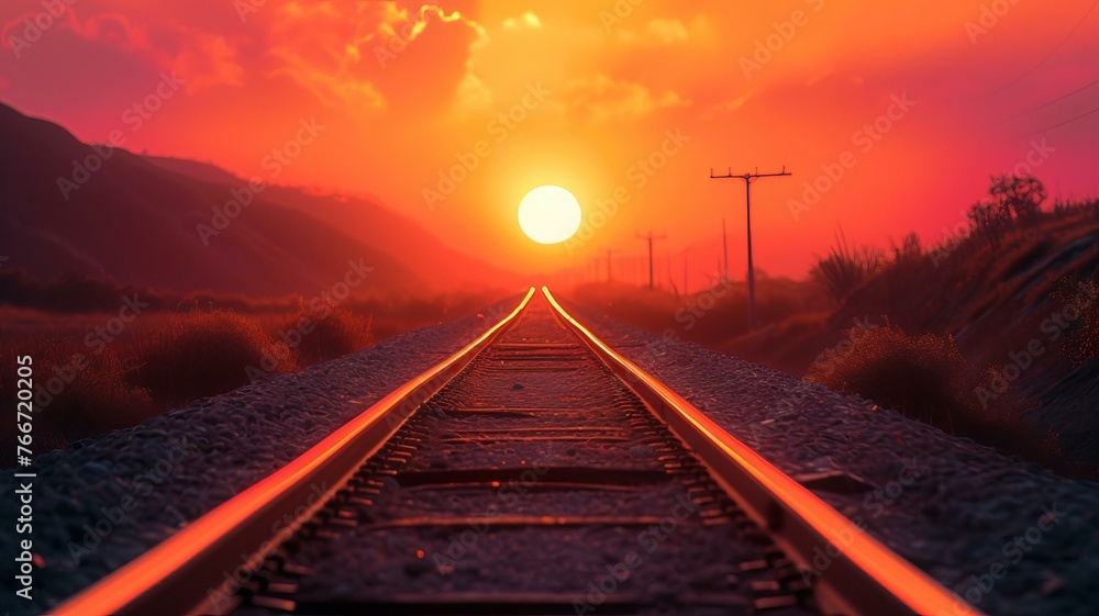 Fototapeta premium An orange sunset with the sun sinking into the horizon, track photography, romanticism, AI Generative