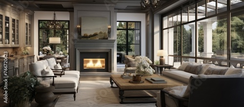 Spacious living area featuring a fireplace and expansive window for natural light