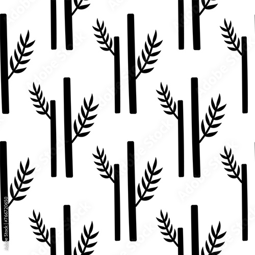 Bamboo trunk with leaves. Seamless pattern. black white silhouette. Perennial evergreen plant. Asian building material. Chinese decorative tree. Hand drawn vector illustration. Simple background.