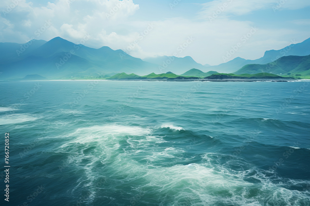 The waves of Yisen Sea are rough, the water is blue and clear, and the islands in the distance are green,  AI Generative