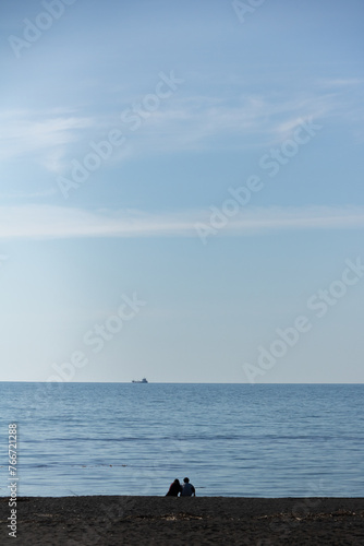 浜辺で寄り添う二人と水平線の貨物船  © まり子 佐藤