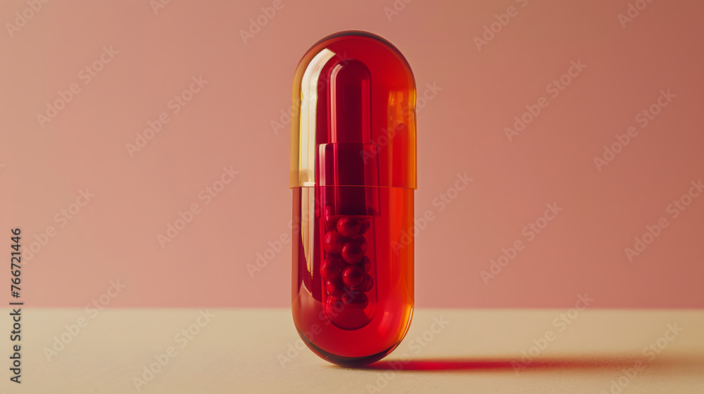 A transparent pink and red capsule pill, on a pink background. A transparent pink and red capsule pill, on a pink background.