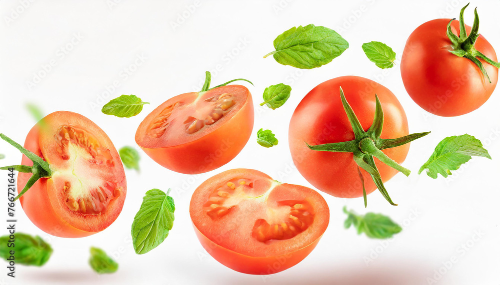Fototapeta premium tomatoes with half tomato lemon falling or flying in the air with green leaves isolated on white background. Generative AI