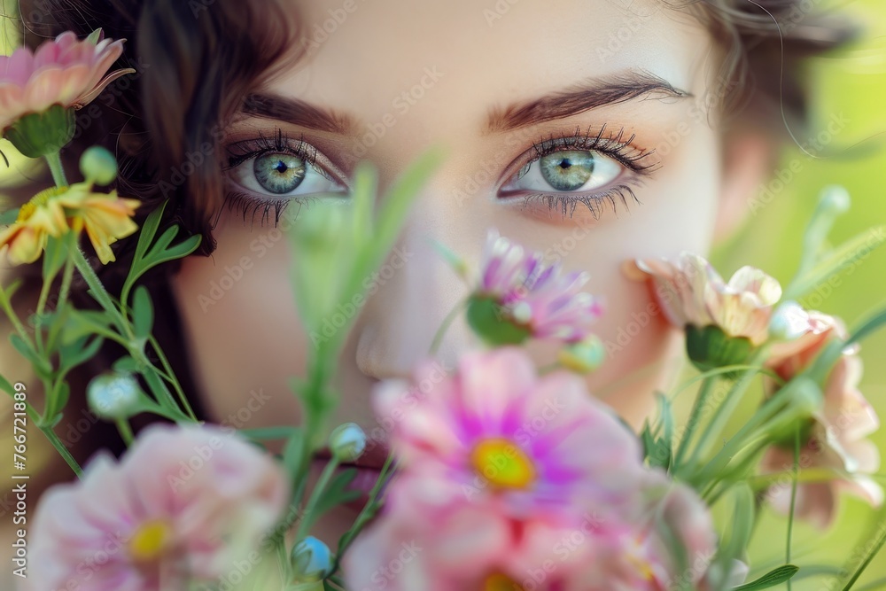 Girl with flowers and a mysterious look, vibrant colors Girl with flowers and a mysterious look, vibrant colors
