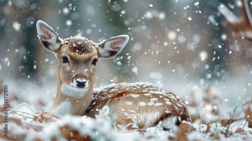 The serene beauty of a snowflake landing on the warm fur of a resting deer