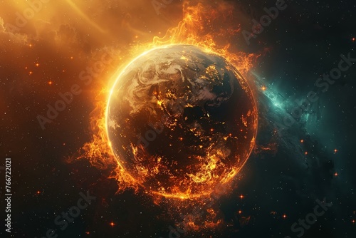 The Earth seen from space, half engulfed in fiery shadows