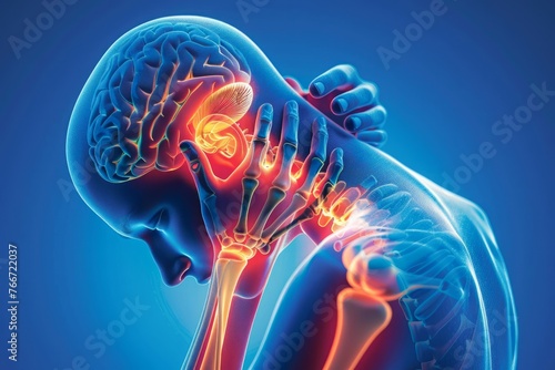 Digitally Rendered Medical Illustration of Human Pain Receptors In Brain, Neck and Shoulders on Blue Background