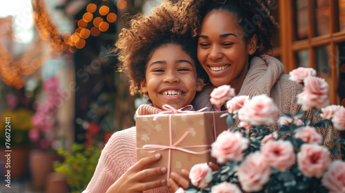 Dia das Mães: Uma mãe negra recebendo uma caixa de presente da filha. Uso: design, propaganda, publicidade, celebração da maternidade e diversidade.