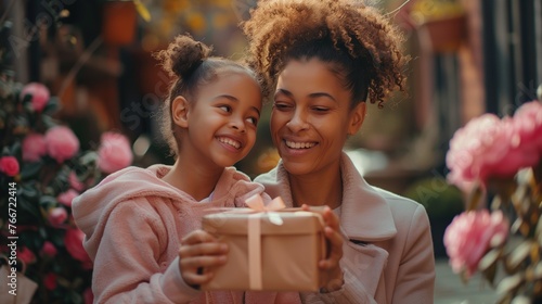 Dia das Mães: Uma mãe negra recebendo uma caixa de presente da filha. Uso: design, propaganda, publicidade, celebração da maternidade e diversidade. photo