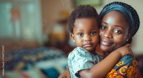 Dia das Mães: Mulher negra abraçando seu filho nesta data especial. Uso: design, propaganda, publicidade, celebração da maternidade e diversidade.